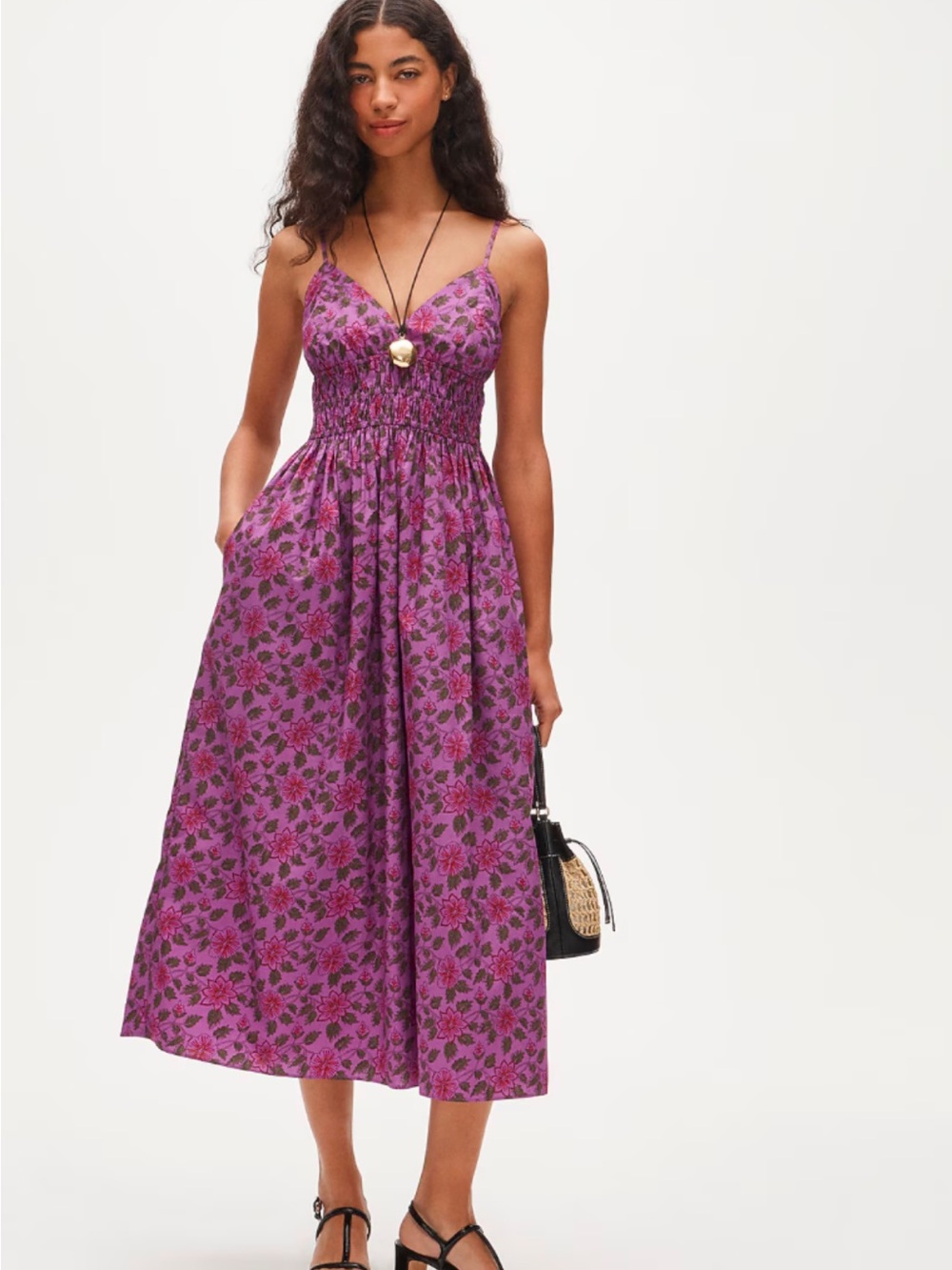 Purple Floral Smocked Midi Dress - Women